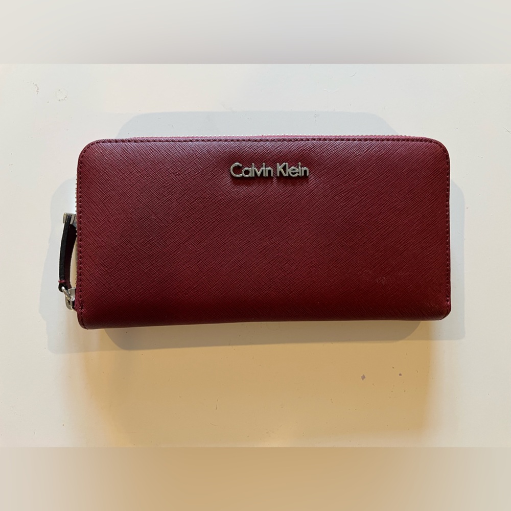 Calvin Klein Burgundy Zip-Around Wallet with Silver Logo